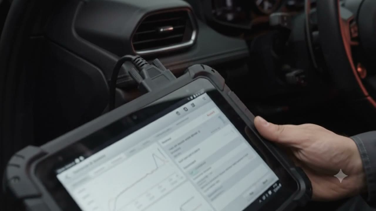 A technician connects a diagnostic tablet to a car's OBD port and reviews the data.