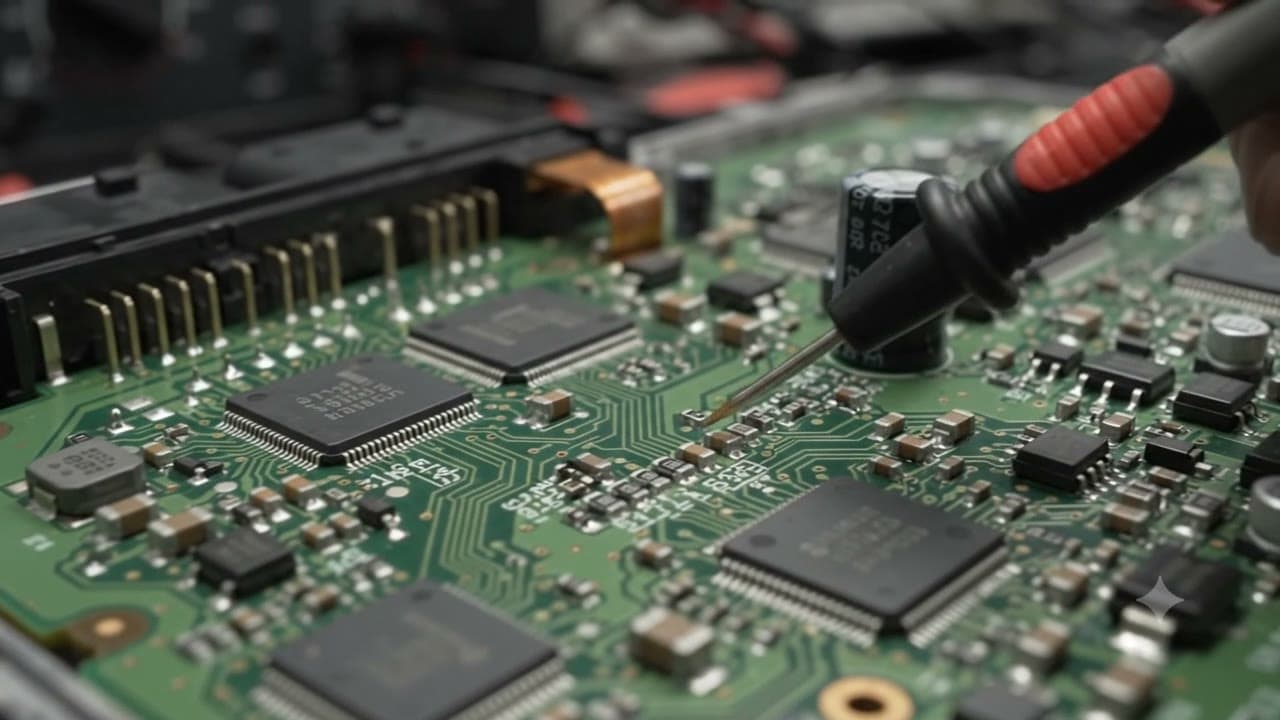A test probe on the circuit board of an opened engine control unit, with an oscilloscope nearby.