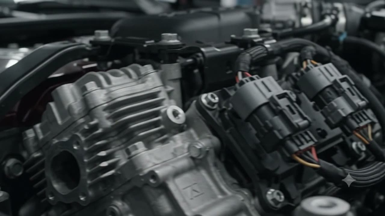Close view of an engine bay: coil packs, wiring connectors and intake pipework.