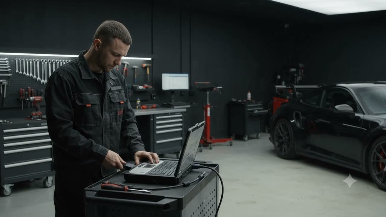 A technician works on a laptop at a tool cart beside a black sports coupé in a workshop.